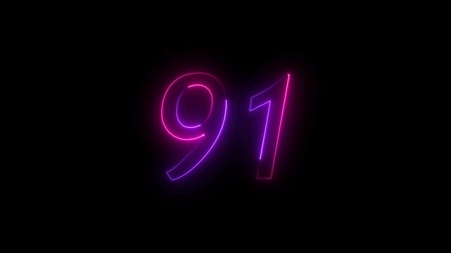 Abstract glowing neon text 91 number countdown icon. Educational mathematics 91 animation on black background.