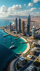Stunning Qatari seaside cityscape featuring modern skyscrapers, serene waters, and boats dotted along coast. Concept showcases vibrant Qatari seaside cityscape under clear skies