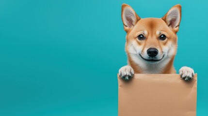 A cheerful dog peeks over a cardboard box against a vibrant turquoise background, showcasing its playful and friendly demeanor.