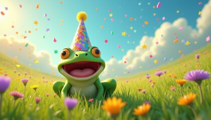 Celebration Time A Cheerful Frog's Birthday Bash in a Meadow of Flowers and Confetti, Creating a Whimsical and Festive Scene with Joyful Cartoon Character