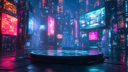 Empty podium set in a neon-lit cybernetic world, with a backdrop of futuristic buildings and floating digital screens