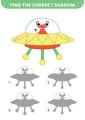 Find the correct shadow. Yellow flying saucer. Shadow game. Cartoon. Isolated vector illustration eps 10