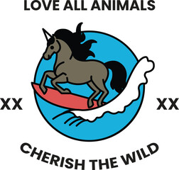 A horse is riding a surfboard on a wave