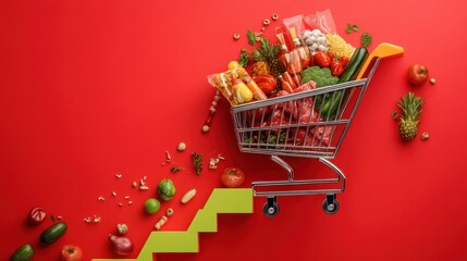 Graphic art of a shopping cart loaded with groceries climbing an upward-pointing flight of arrows, depicting rising price growth and increasing demand and increased sales