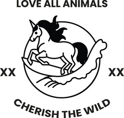 A horse is riding a surfboard with the words 