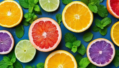 Obraz premium Colorful assortment of citrus fruit slices arranged on a blue background with fresh mint leaves