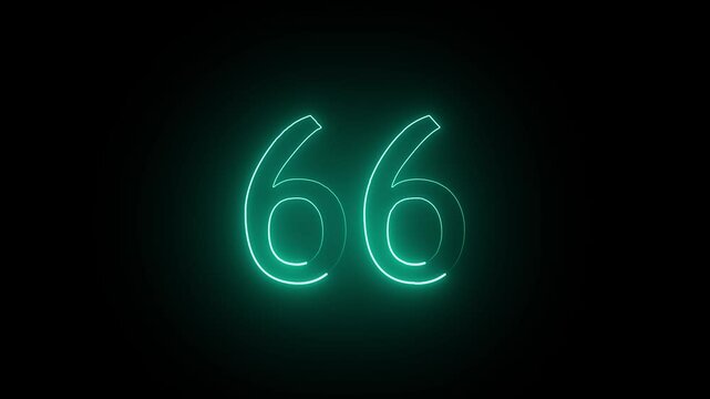 Abstract glowing neon text 66 number countdown icon. Educational mathematics 66 animation on black background.