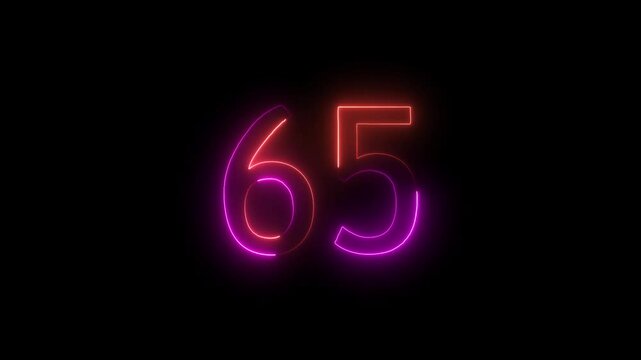 Abstract glowing neon text 65 number countdown icon. Educational mathematics 65 animation on black background.