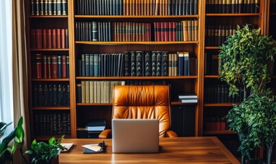 office desk with leather chair, bookshelves filled with law books and plants on the side. A laptop is open in front of it