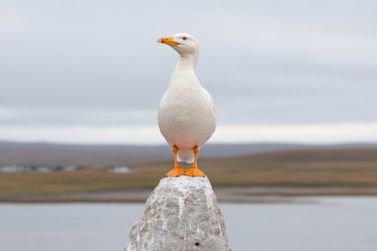 Majestic seagull standing on coastal rock against soft cloudy sky creating a peaceful and scenic wildlife portrait perfect for nature lovers and environmental awareness themes
