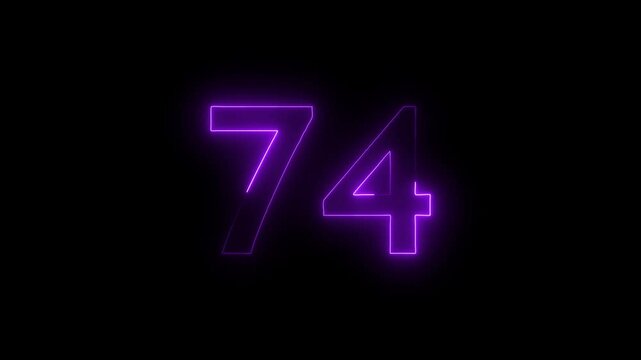Abstract glowing neon text 74 number countdown icon. Educational mathematics 74 animation on black background.