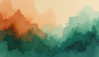 Obraz premium Vibrant Watercolor Gradient Art: Deep Blues to m Oranges, Stunning Visual Effect. A watercolor painting of a forested area.