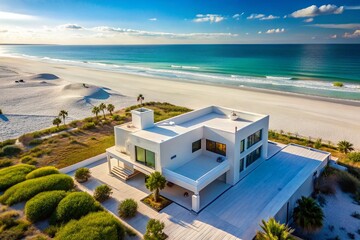 Minimalist White Beach House, Vibrant Blue Sky, Coastal Serenity - Stock Photo