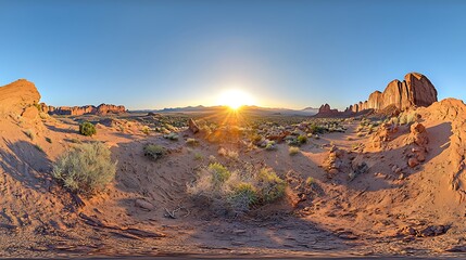 Naklejka premium Sunrise in a desert landscape, wide view. For tourism, panorama views