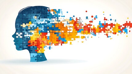 Obraz premium Silhouette of a head made from puzzle pieces, disintegrating on white background