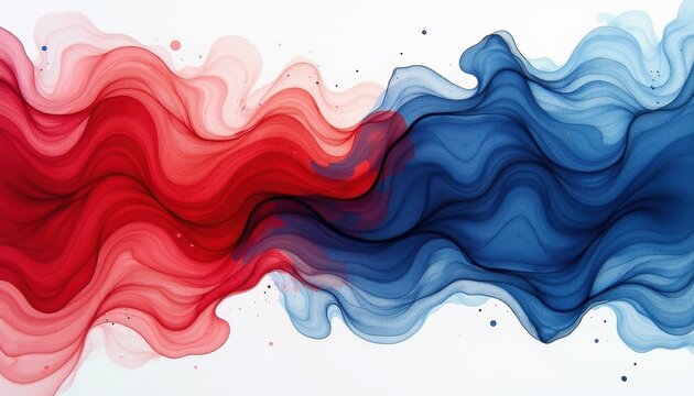HighResolution  : Vibrant Red, Blue, White Abstract Painting with Wavy Lines on Crisp White Background. A red, white and blue abstract background with wavy lines.