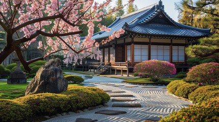 A Japanese garden with a traditional house and a cherry blossom tree.