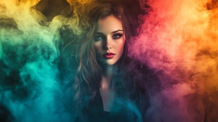 Fototapeta premium Portrait of a Beautiful Woman Surrounded by Colorful Smoke in Dramatic Lighting