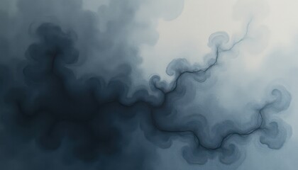 CloseUp Blue and White Abstract Painting: Swirling Smoke Patterns, Cloud Formation on White Background. A dark blue and white abstract background with swirling clouds.