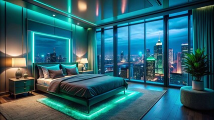 Modern Bedroom Teal Neon City View Night Photography