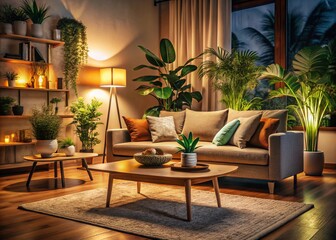 Modern Beige Living Room Night Photography - Cozy Interior Design with Greenery