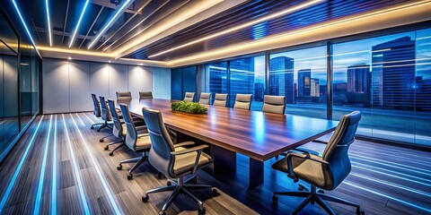 Fototapeta premium Modern Conference Room Long Exposure Photography: Sleek Table, Chairs, Tech