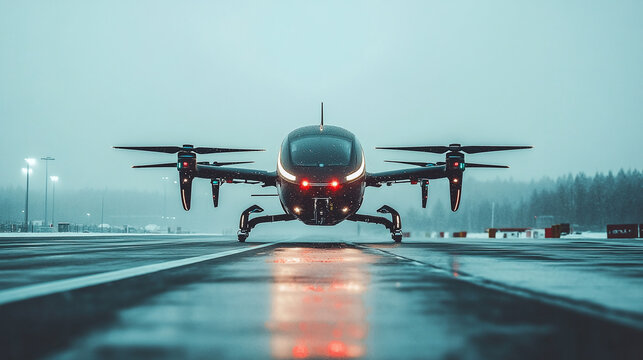 Autonomous flying vehicle on the wet runway, ready for take-off on a rainy day. Modern transportation, future concept. Aerial mobility vehicle.