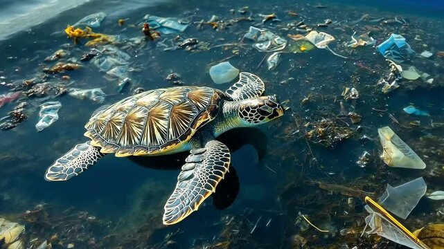 A sea turtle finds it difficult to find its way across a large area of floating trash and plastic in the ocean.  Taken from above
