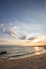 Bay with a small harbor, in the morning. Beautiful sunrise on the Mediterranean Sea. Mediterranean coast and landscape Beach Plaža Lozice on the island of Vir, Zadar, Dalmatia, Adriatic Sea, Croatia