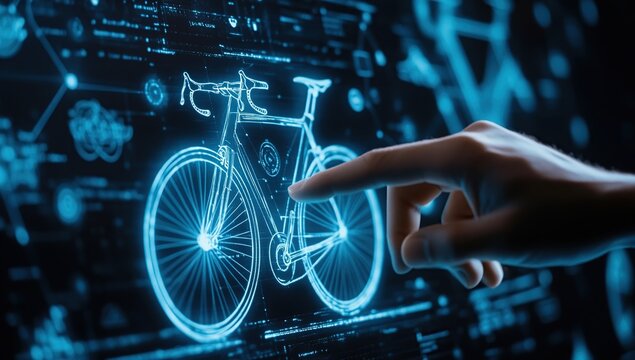 Hand Interacting with Glowing Blue Bicycle Hologram on a Dark Digital Interface
