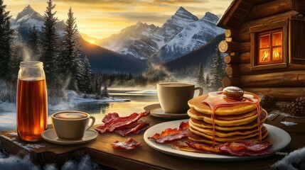 Fototapeta premium Cozy Winter Breakfast Scene with Pancakes and Bacon by Cabin