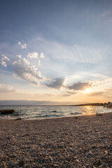 Bay with a small harbor, in the morning. Beautiful sunrise on the Mediterranean Sea. Mediterranean coast and landscape Beach Plaža Lozice on the island of Vir, Zadar, Dalmatia, Adriatic Sea, Croatia