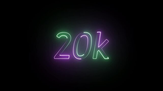 glowing neon 20K text animation on black background. 20k Followers Celebration text animation.
