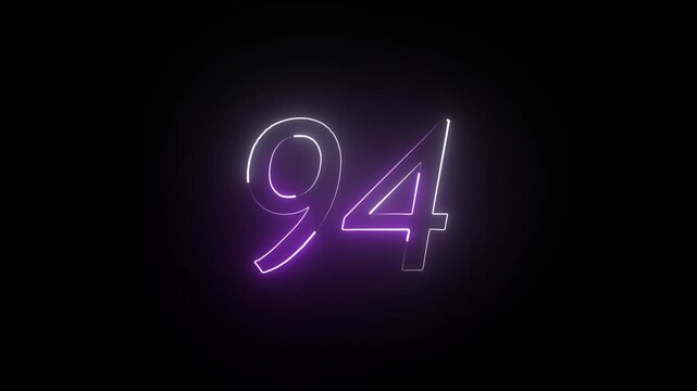 Abstract glowing neon text 94 number countdown icon. Educational mathematics 94 animation on black background.