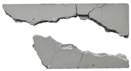 a ruined, collapsed, cracked, or broken concrete brick cement wall, isolated on a transparent background. PNG, cutout, or clipping path.