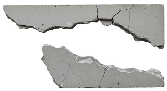 a ruined, collapsed, cracked, or broken concrete brick cement wall, isolated on a transparent background. PNG, cutout, or clipping path.