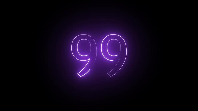 Abstract glowing neon text 99 number countdown icon. Educational mathematics 99 animation on black background.