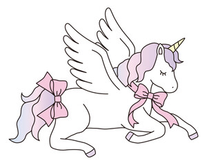 Fototapeta premium リボンをつけたかわいいユニコーンのベクターイラスト。馬、羽根、動物、ドリーミー、ペガサス、線