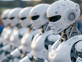 Fototapeta premium Row of white humanoid robots standing in factory environment representing artificial intelligence automation robotics future technology and digital industry advancements