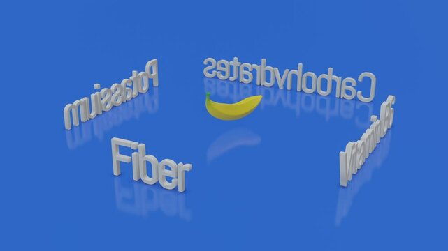 3D illustration of a banana with various vitamin contents, rotating on a blue floor