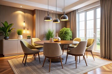 Fototapeta premium Modern Minimalist Dining Room: Round Table, Elegant Chairs, Pendant Light