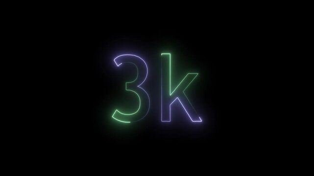 glowing neon 3K text animation on black background. 3k Followers Celebration text animation.