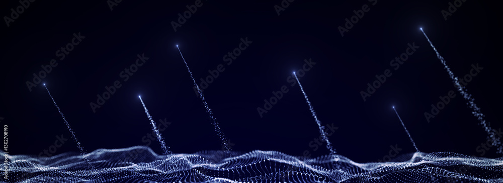 Poster digital technology wave. dark cyberspace with motion dots and lines. futuristic digital background. 