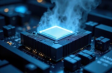 Close-up of overheating computer processor with rising smoke on circuit board