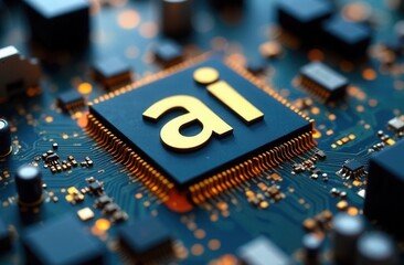 Close-up of ai circuit board with central processing unit and gold connections