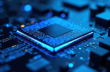Close-up of a modern microchip on a blue circuit board