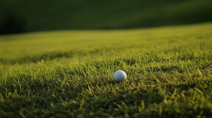 A golf ball resting on green grass. The background is blurred, depicting a golf course on a summer day. The image was taken with a telephoto lens in real daylight