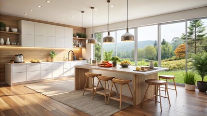 Fototapeta premium Modern Minimalist Kitchen: Open Plan Home Interior with Large Window & Breakfast Bar