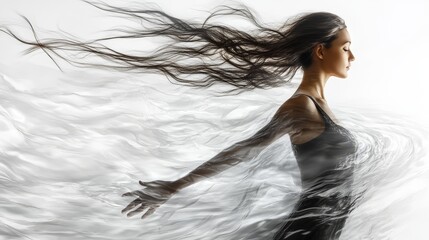 Fototapeta premium Ethereal Woman with Flowing Hair and Motion in a Dreamlike Atmosphere