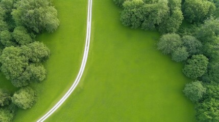 A grassy field with a path running through it from aerial view